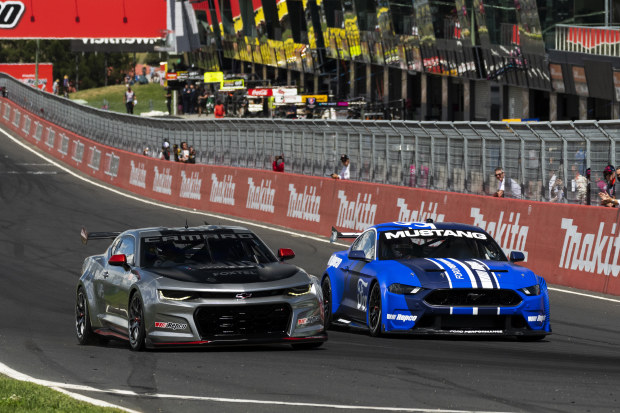 The prototype Gen3 Supercars performing a demonstration at the 2021 Bathurst 1000.