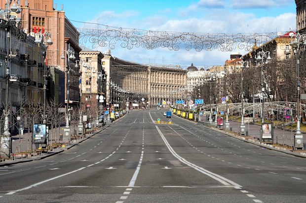 A view of Khreshchatyk, the main street, empty, due to curfew in the central of Kyiv, Ukraine, Sunday, Feb. 27, 2022.
