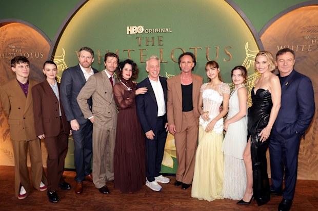 LOS ANGELES, CALIFORNIA - FEBRUARY 10: (L-R) Sam Nivola, Charlotte Le Bon, David Bernad, Patrick Schwarzenegger, Parker Posey, Mike White, Walton Goggins, Lisa, Sarah Catherine Hook, Leslie Bibb and Jason Isaacs attend the Los Angeles Premiere of HBO Original Series "The White Lotus" Season 3 at Paramount Theatre on February 10, 2025 in Los Angeles, California.  (Photo by Kevin Winter/GA/The Hollywood Reporter via Getty Images)