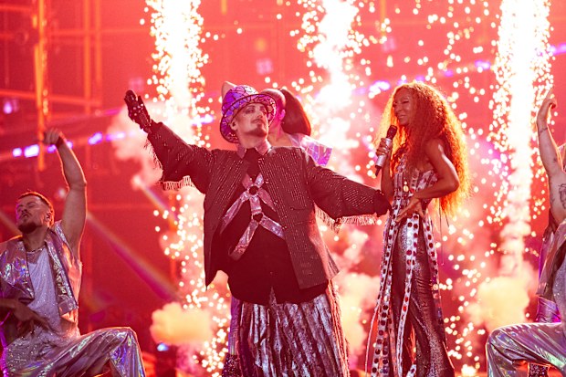 Senhit and Boy George representing San Marino perform during the second dress rehearsal for the semi-final 1 of the 2026 Eurovision Song Contest at Wiener Stadthalle on May 11, 2026 in Vienna, Austria.  
