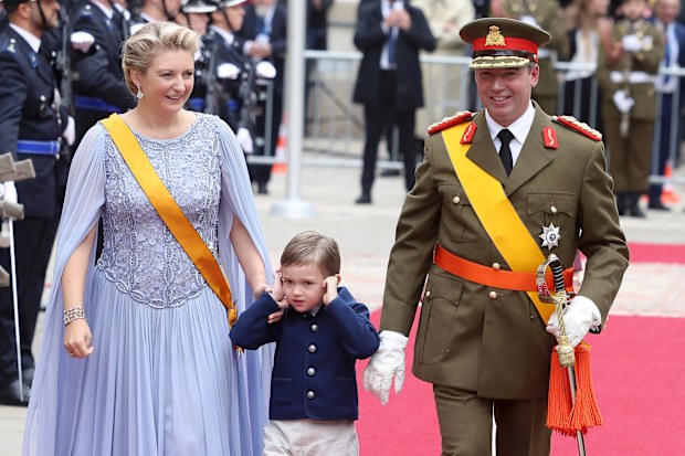 LUXEMBOURG, LUXEMBOURG - OCTOBER 03: Grand Duchess Stéphanie de Lannoy of Luxembourg, Prince Charles of Luxembourg and Grand Duke Guillaume of Luxembourg during the Abdication of Grand Duke Henri of Luxembourg and Accession to the Throne of His Royal Highness Crown Prince Guillaume on October 03, 2025 in Luxembourg, Luxembourg. (Photo by Patrick van Katwijk/Getty Images)