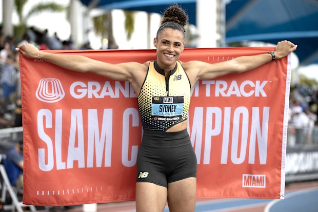 MIRAMAR, FLORIDA - MAY 4: Sydney McLaughlin-Levrone of USA celebrates after winning 400m long hurdles at Ansin Sports Complex on May 4, 2025 in Miramar, FL. (Photo by Michael Pimentel/ISI Photos/Getty Images)