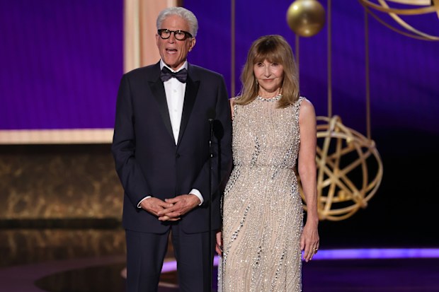 LOS ANGELES, CALIFORNIA - SEPTEMBER 14: (L-R) Ted Danson and Mary Steenburgen accept the Bob Hope Humanitarian Award onstage during the 77th Primetime Emmy Awards at Peacock Theater on September 14, 2025 in Los Angeles, California.  (Photo by Kevin Winter/Getty Images)