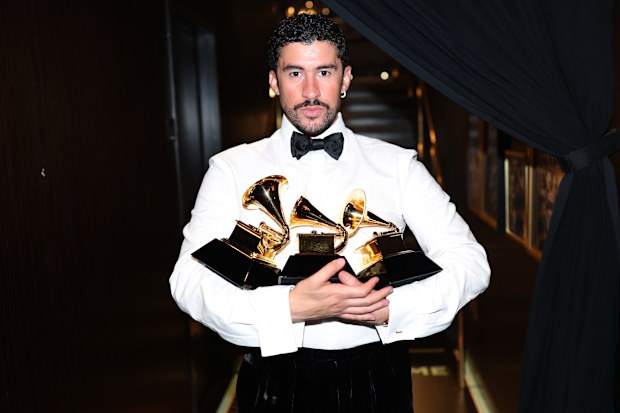 Bad Bunny poses with the Album of the Year, Best Música Urbana Album, and Best Global Music Performance Awards during the 68th GRAMMY Awards at Crypto.com Arena on February 01, 2026 in Los Angeles, California.
