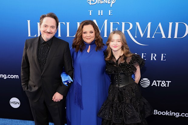 LOS ANGELES, CALIFORNIA - MAY 08: (L-R) Ben Falcone, Melissa McCarthy, and Vivian Falcone attend the World Premiere of Disney's live-action feature "The Little Mermaid" at the Dolby Theatre in Los Angeles, California on May 08, 2023. (Photo by Jesse Grant/Getty Images for Disney)