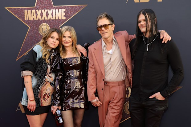 HOLLYWOOD, CALIFORNIA - JUNE 24: (L-R) Sosie Bacon, Kyra Sedgwick, Kevin Bacon and Travis Bacon attend the World Premiere of A24's "MAXXXINE" at TCL Chinese Theatre on June 24, 2024 in Hollywood, California. (Photo by Kevin Winter/Getty Images)