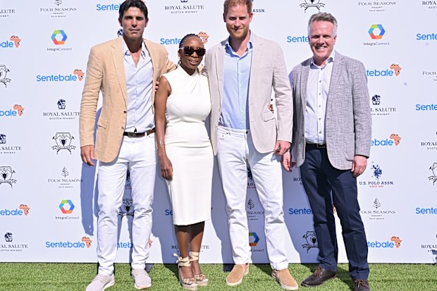 WELLINGTON, FLORIDA - APRIL 12: Nacho Figueras, Dr. Sophie Chandauka, Chair of Sentebale, Prince Harry, Duke of Sussex and Richard Miller, CEO, Sentebale attend the Royal Salute Polo Challenge benefitting Sentebale at Grand Champions Polo Club on April 12, 2024 in Wellington, Florida. The annual Polo Cup has been running since 2010, and to date has raised over £11.4 million to support Sentebale's work with children and young people affected by poverty, inequality and HIV/AIDS in southern Africa.