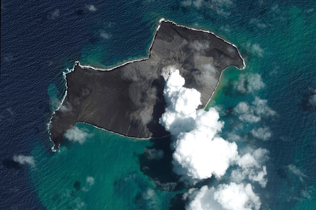 This satellite image provided by Maxar Technologies shows an overview of Hunga Tonga Hunga Haapai volcano in Tonga on Jan. 6, 2022, before a huge undersea volcanic eruption. (Satellite image ©2022 Maxar Technologies via AP)