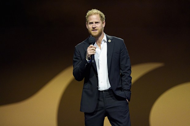 VANCOUVER, CANADA - FEBRUARY 16: Prince Harry, The Duke of Sussex, Founder and Patron of the Invictus Games Foundation delivers remarks at the Closing Ceremonies of the Invictus Games Vancouver Whistler 2025 on February 15, 2025. at Rogers Arena in Vancouver, Canada.  (Photo by Jeff Vinnick/Getty Images for Invictus Games Vancouver Whistler 2025)
