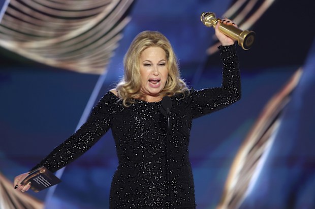 Jennifer Coolidge accepting the Best Actress in a Limited or Anthology Series or Television Film award for "The White Lotus" during the 80th Annual Golden Globe Awards