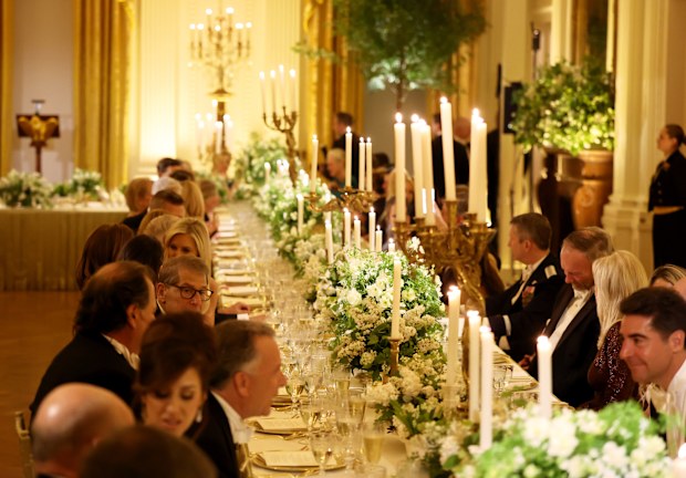 Guests attend the official state dinner hosted by the President and First Lady at The White House on day two of the State Visit of King Charles III and Queen Camilla on April 28, 2026. 