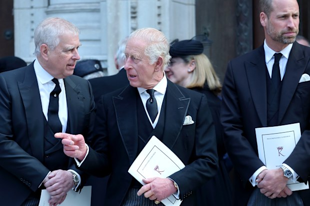 LONDON, ENGLAND - SEPTEMBER 16: Prince Andrew, Duke of York, King Charles III and Prince William, Prince of Wales attend the Funeral of the Duchess of Kent at Westminster Cathedral on September 16, 2025 in London, England. Katharine, Duchess of Kent was married to Prince Edward, Duke of Kent, the first cousin of Queen Elizabeth II. She died on September 4 at the age of 92 at Kensington Palace surrounded by her family. Having converted to Catholicism in 1994, her funeral takes place at Westminste
