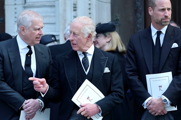 LONDON, ENGLAND - SEPTEMBER 16: Prince Andrew, Duke of York, King Charles III and Prince William, Prince of Wales attend the Funeral of the Duchess of Kent at Westminster Cathedral on September 16, 2025 in London, England. Katharine, Duchess of Kent was married to Prince Edward, Duke of Kent, the first cousin of Queen Elizabeth II. She died on September 4 at the age of 92 at Kensington Palace surrounded by her family. Having converted to Catholicism in 1994, her funeral takes place at Westminste