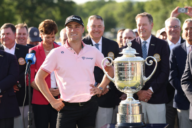 Justin Thomas of the United States poses with the Wanamaker Trophy after winning the 2022 PGA Championship at Southern Hills Country Club.