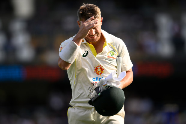 David Warner of Australia looks dejected after being dismissed by Kagiso Rabada of South Africa. (Photo by Matt Roberts - CA/Cricket Australia via Getty Images)