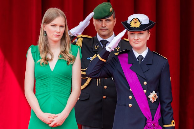 BRUSSELS, BELGIUM - JULY 21: (L to R) Princess Eleonore and Princess Elisabeth of Belgium attend the military and civil parade during the Belgian national day on July 21, 2025 in Brussels, Belgium.  (Photo by Geert Vanden Wijngaert/Getty Images)