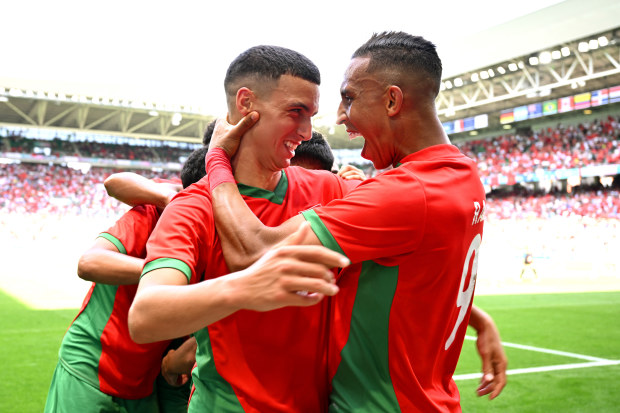 Soufiane Rahimi of Morocco celebrates scoring his team's first goal.