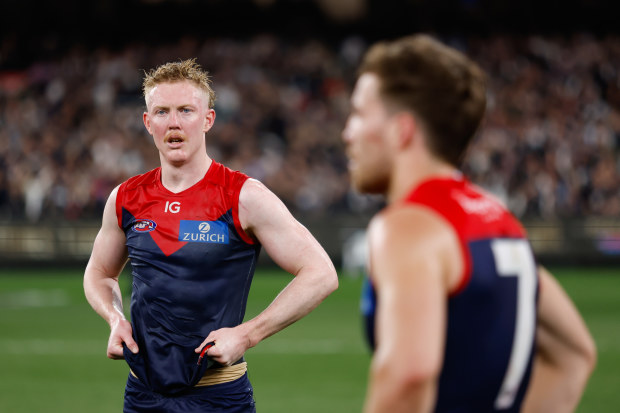Clayton Oliver of the Demons looks dejected after a loss  during the 2023 AFL First Semi Final match between the Melbourne Demons and the Carlton Blues at Melbourne Cricket Ground on September 15, 2023 in Melbourne, Australia. (Photo by Dylan Burns/AFL Photos via Getty Images)