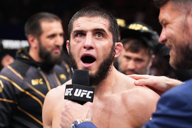 Islam Makhachev of Russia reacts after his victory over Alexander Volkanovski of Australia in Perth. (Photo by Chris Unger/Zuffa LLC)