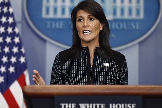 US Ambassador to the United Nations Nikki Haley speaks during a news briefing at the White House, in Washington, Sept. 15, 2017. 