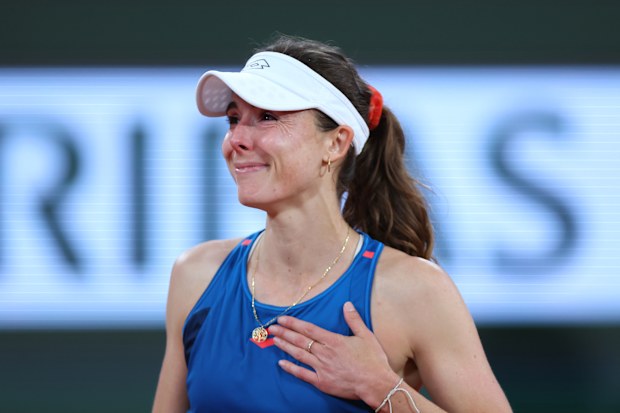 Alize Cornet of France reacts after her loss against Zheng Qinwen of People's Republic of China, and the last tournament of her professional career, in the Women's Singles first round match on Day Three of the 2024 French Open at Roland Garros on May 28, 2024 in Paris, France. (Photo by Dan Istitene/Getty Images)