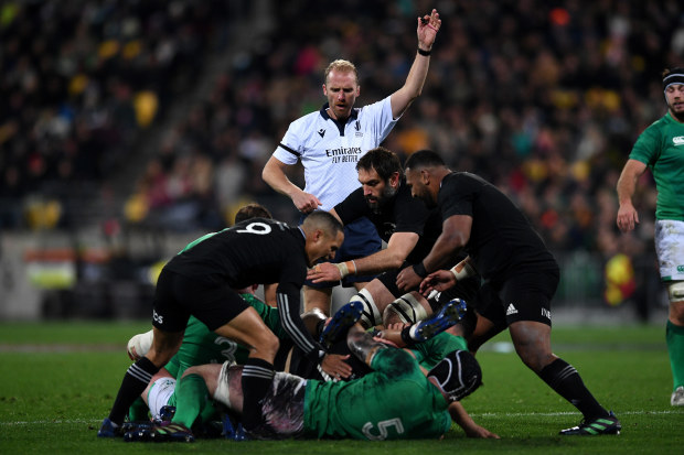 Wayne Barnes awards a penalty during a Test between New Zealand and Ireland.