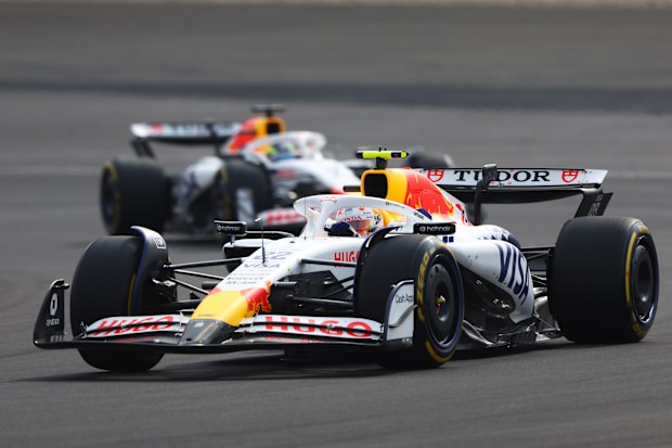 Yuki Tsunoda of Japan driving the (22) Visa Cash App Racing Bulls VCARB 02 leads Isack Hadjar of France driving the (6) Visa Cash App Racing Bulls VCARB 02 on track during the F1 Grand Prix of China at Shanghai International Circuit on March 23, 2025 in Shanghai, China. (Photo by Andy Hone/LAT Images)
