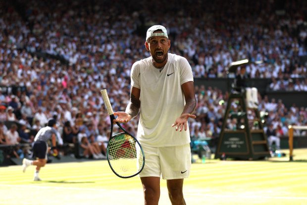 Nick Kyrgios of Australia reacts against Novak Djokovic in the 2022 Wimbleon final.