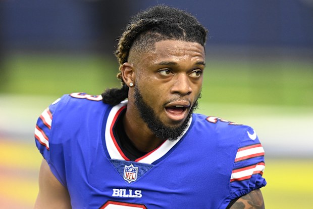 Buffalo Bills safety Damar Hamlin with his helmet off.