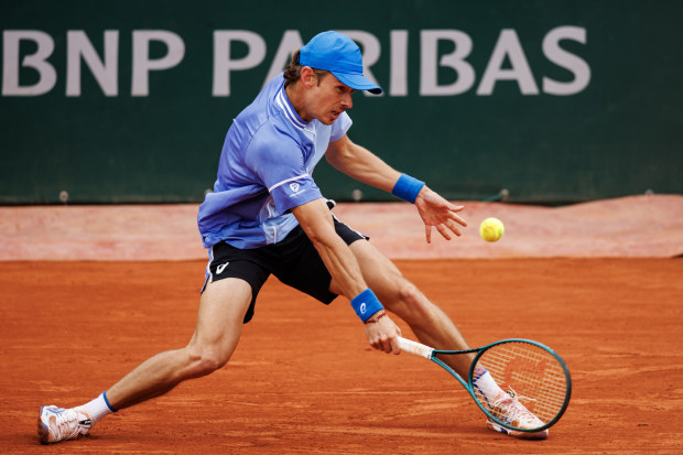 Alex de Minaur of Australia hits a backhand against Jan-Lennard Struff of Germany in the third round of the Men's singles at Roland Garros on June 01, 2024 in Paris, France. (Photo by Frey/TPN/Getty Images)