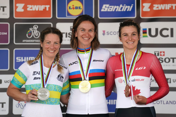 Emily Petricola (left), the USA's Samantha Bosco (centre) and Canada's Keely Shaw at the 2023 UCI Cycling World Championships in Glasgow.