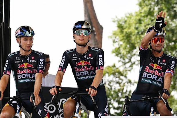 Jai Hindley (left) of Australia with Aleksander Vlasov of Russia and Primoz Roglic of Slovenia and Team Red Bull BORA prior to the 111th Tour de France.