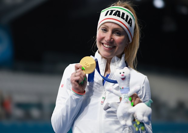 Gold medallist Francesca Lollobrigida of Team Italy poses for a photo after the medal ceremony following the Speed Skating Women's 3000m on day one of Milano Cortina 2026 at Milano Speed Skating Stadium on February 7, 2026 in Milan, Italy. 