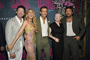 Hugh Jackman, Blake Lively, Ryan Reynolds, Tammy Reynolds, and Brandon Sklenar 