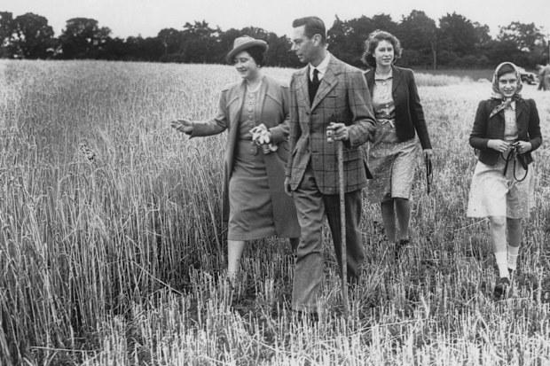 The Queen (later the Queen Mother) leads her family on a tour of Sandringham Park, August 1943. With the queen are King George VI and princesses Elizabeth (later Queen Elizabeth II) and Margaret. 