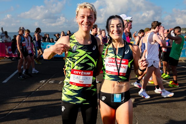 Isaac Heyne and Leanne Pompeani, the men's and women's winners of the 2024 City to Surf.
