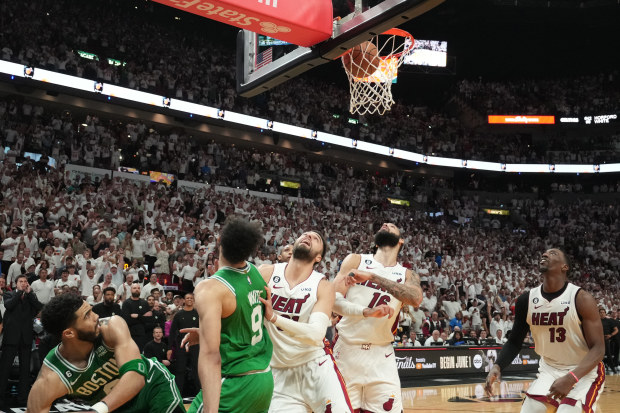 Derrick White of the Boston Celtics shoots the game winner during game six of the Eastern Conference finals against the Miami Heat.