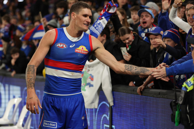 MELBOURNE, AUSTRALIA - JULY 01: Rory Lobb of the Bulldogs celebrates after the Bulldogs defeated the Dockers during the round 16 AFL match between Western Bulldogs and Fremantle Dockers at Marvel Stadium, on July 01, 2023, in Melbourne, Australia. (Photo by Robert Cianflone/Getty Images)