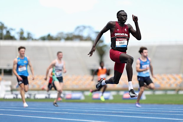BRISBANE, AUSTRALIA - DECEMBER 06: Gout Gout of Queensland wins his Boys' U18 100m heat in 10.04 seconds...