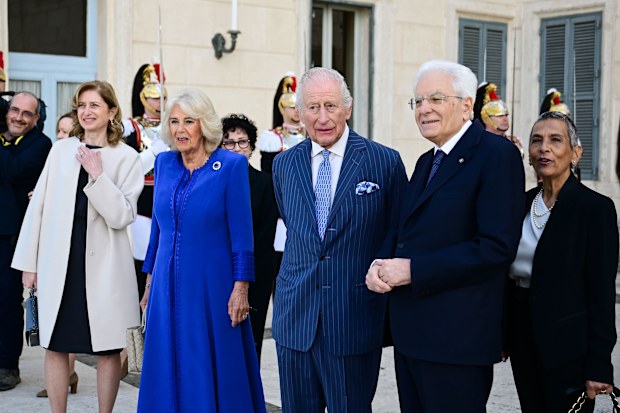 (L-R) Italian President's daughter, Laura Mattarella, Queen Camilla, King Charles III, Italian President Sergio Mattarella