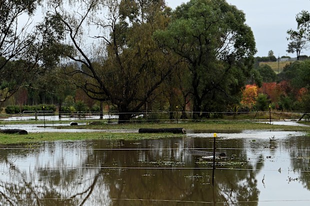 Water covers the flood plain area near Camden South, NSW. June 7, 2024.  