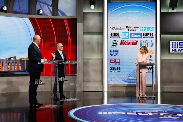 Opposition Leader Peter Dutton and Prime Minister Anthony Albanese during the third leaders' debate, The Great Debate hosted by Nine, during the 2025 federal election campaign.