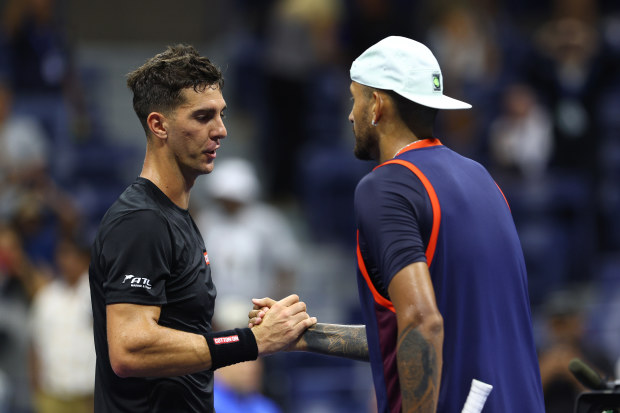 Nick Kyrgios (right) of Australia shakes hands with Thanasi Kokkinakis after their US Open match.