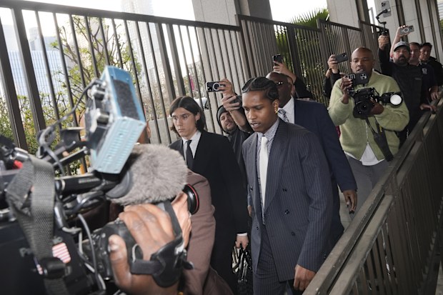 A$AP Rocky arrives at court for his trial Tuesday, Feb. 18, 2025, in Los Angeles. (AP Photo/Damian Dovarganes)