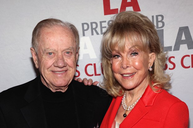 Jon Eicholtz and Barbara Eden attend the 16th Annual National Arts & Entertainment Journalism Awards Gala at Millennium Biltmore Hotel Los Angeles on December 03, 2023 