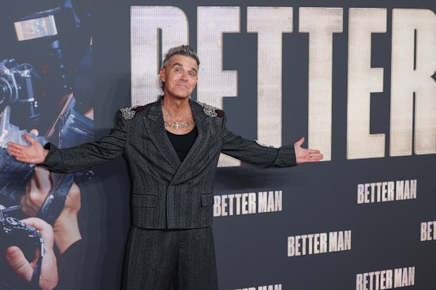 LONDON, ENGLAND - NOVEMBER 27: Robbie Williams attends the "Better Man" European Premiere at the Odeon Luxe Leicester Square on November 27, 2024 in London, England. (Photo by Tristan Fewings/Getty Images)