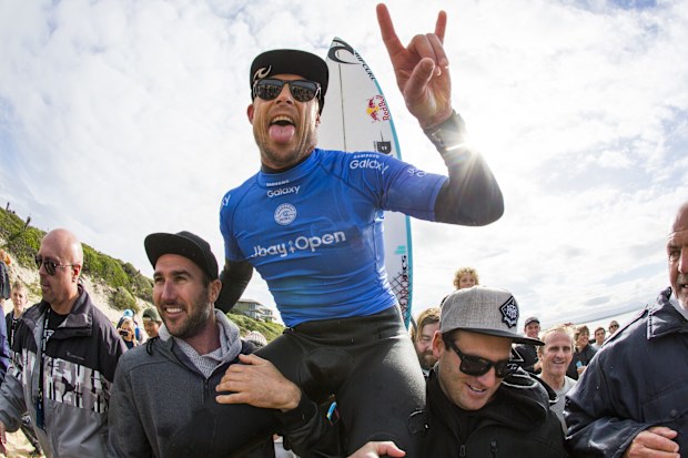 Mick Fanning of Australia competing in and winning the 2016 J-Bay Open at Jeffreys Bay, South Africa a year after his shark incident in the 2015 event final.  Fanning defeated John John Florence of Hawaii in the final.