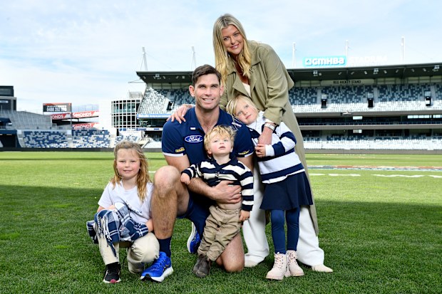 Tom Hawkins poses with his family after annoucing he will retire at the end of 2024.