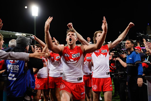 Luke Parker of the Swans celebrates after their preliminary final win in 2024.
