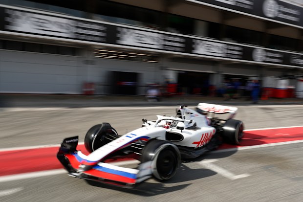 Hass driver Nikita Mazepin steers his car during a Formula One pre-season testing session at the Catalunya racetrack in Montmelo, just outside of Barcelona, Spain, Thursday, Feb. 24, 2022. (AP Photo/Joan Monfort)